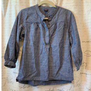 Patagonia Blue Chambray Quarter Snap Puff Sleeve Top Sz 4